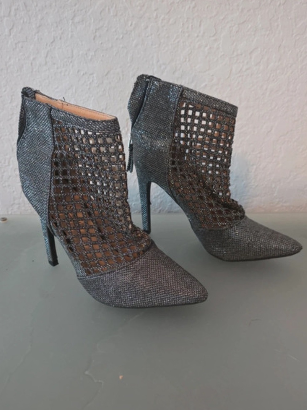 Metallic Gray Mesh Pointed-Toe Stiletto Ankle Boots
